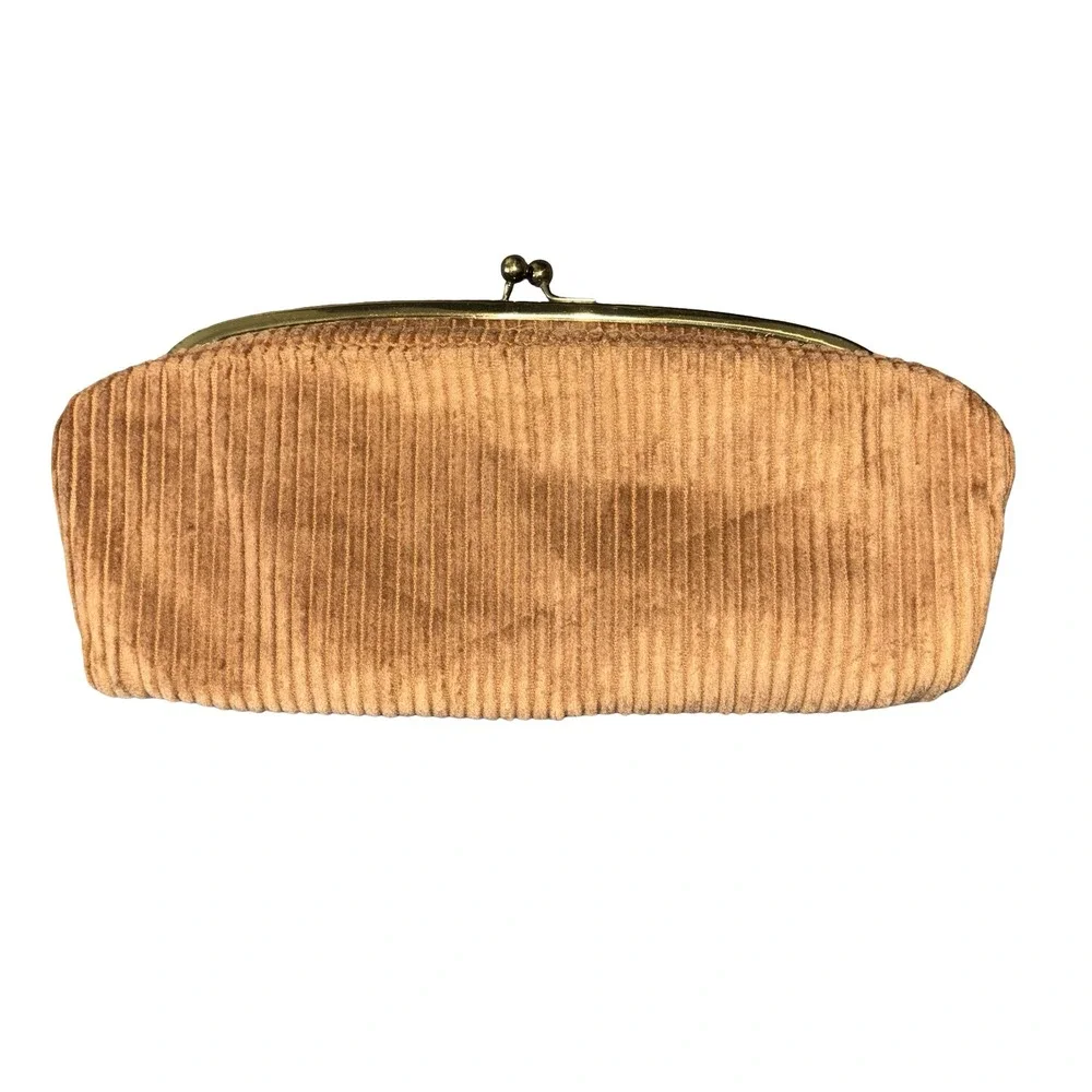 Vintage HL USA Corduroy Kiss Lock Clutch Bag Brown Gold Tone Chain Strap